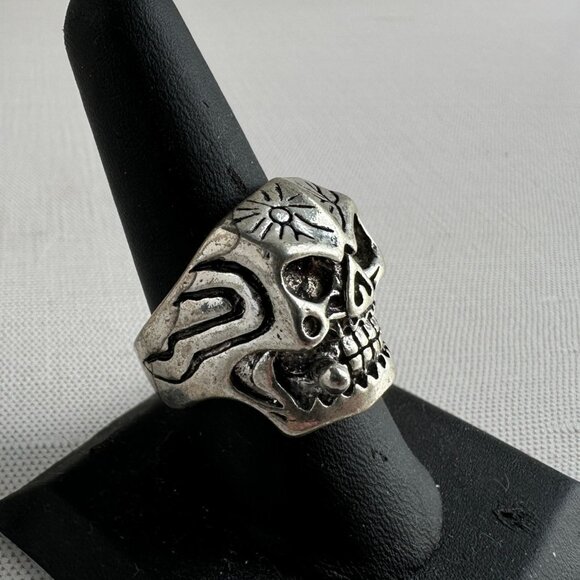 Biker Skull Ring Size 9.5 Stainless Steel Gothic Halloween Jewelry With Engraved - Picture 2 of 6